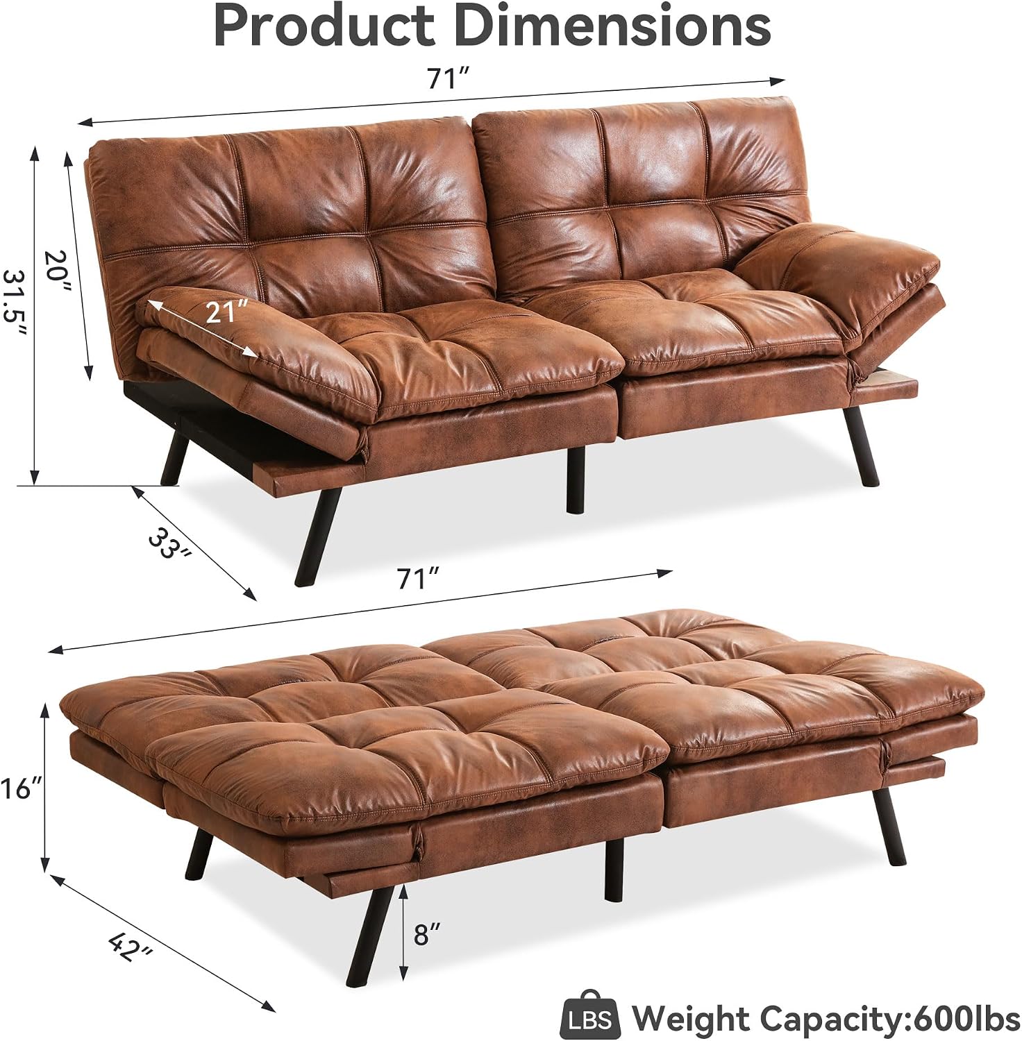 Convertible Futon Sofa Bed,71' Modern Premium Faux Leather Futon Couch with Adjustable Backrest&Armrest,Small Loveseat Sleeper Sofa,Dorm Futonsofa for Apartment,Living Room,Whisky Brown