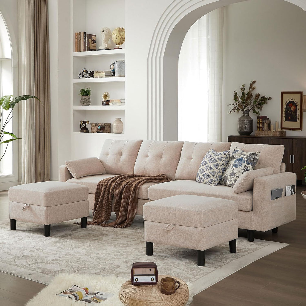 101' Convertible Sectional Sofa, Modern Linen Fabric U-Shaped Couch with 2 Storage Ottomans and Storage Pocket, 4 Seat Sofa Couches for Living Room, Apartment, Office, Beige