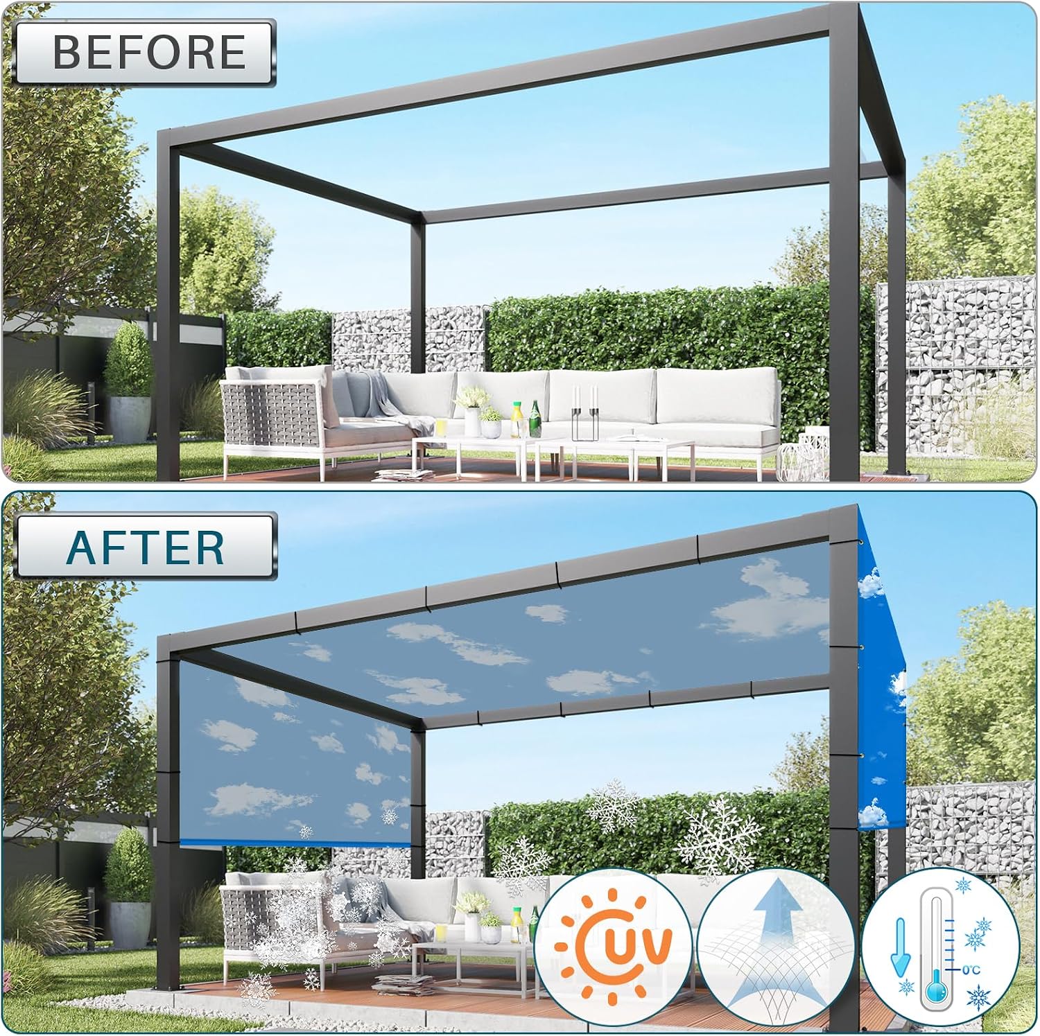 COARBOR 8' x 4' Pergola Replacement Shade Cover Polyester Canopy Universal Patio Privacy Shade Screen with Weighted Rods for Patio Deck Porch Backyard Gazebo Blue Sky