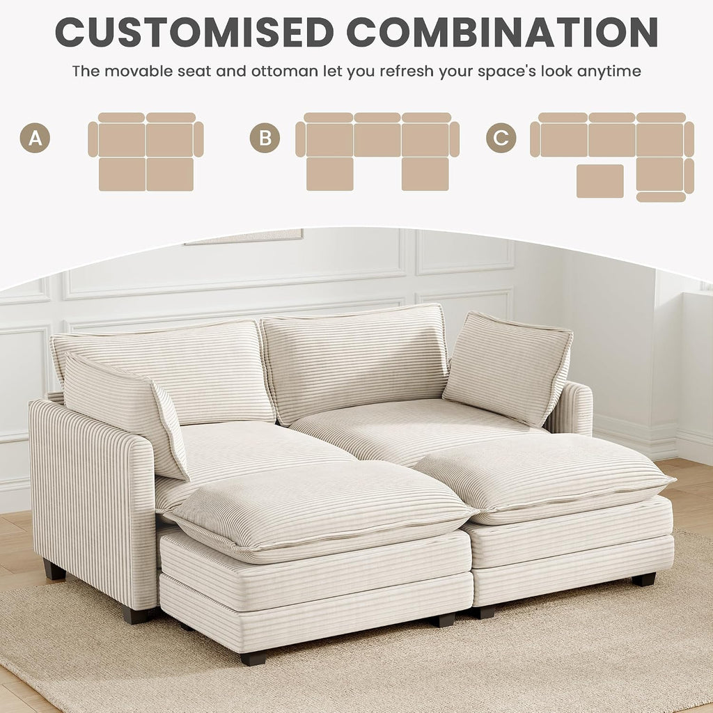 78'' Modular Sectional Cloud Couch with 2 Movable Ottoman, 4 Seat Comfy Modern Corduroy Sofa with 2 Throw Pillows, Deep Seat Sleeper Couch for Living Room Bedroom Apartment, Beige