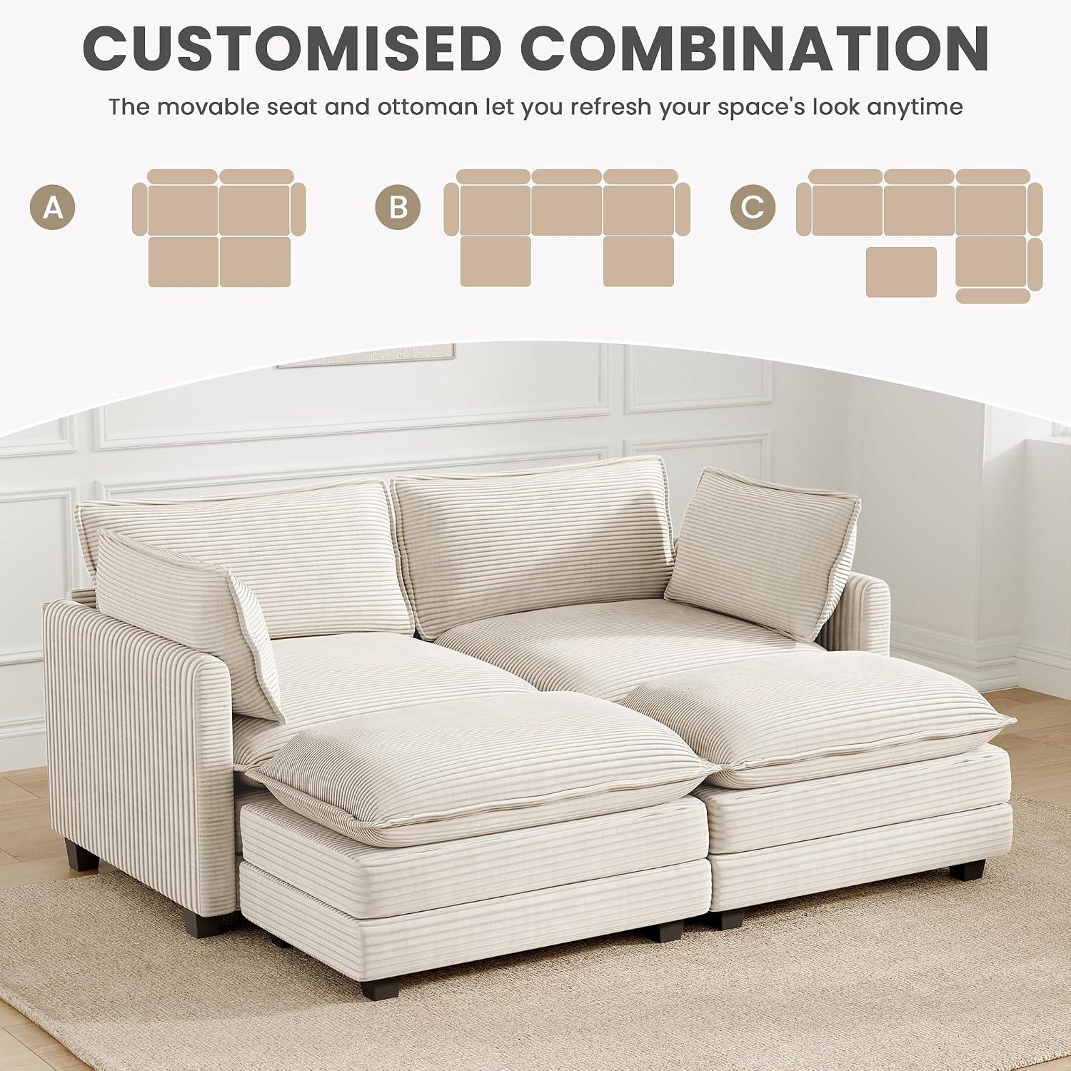 78'' Modular Sectional Cloud Couch with 2 Movable Ottoman, 4 Seat Comfy Modern Corduroy Sofa with 2 Throw Pillows, Deep Seat Sleeper Couch for Living Room Bedroom Apartment, Beige