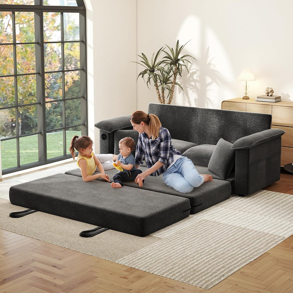 SUNWAVE 77' Sleeper Sofa Convertible Sofa Bed with USB Ports & Side Pockets, Chenille Loveseat Pull Out Couch with Full Size Sleeping Area, Folding Sofa Bed for Living Room & Small Spaces (Black)