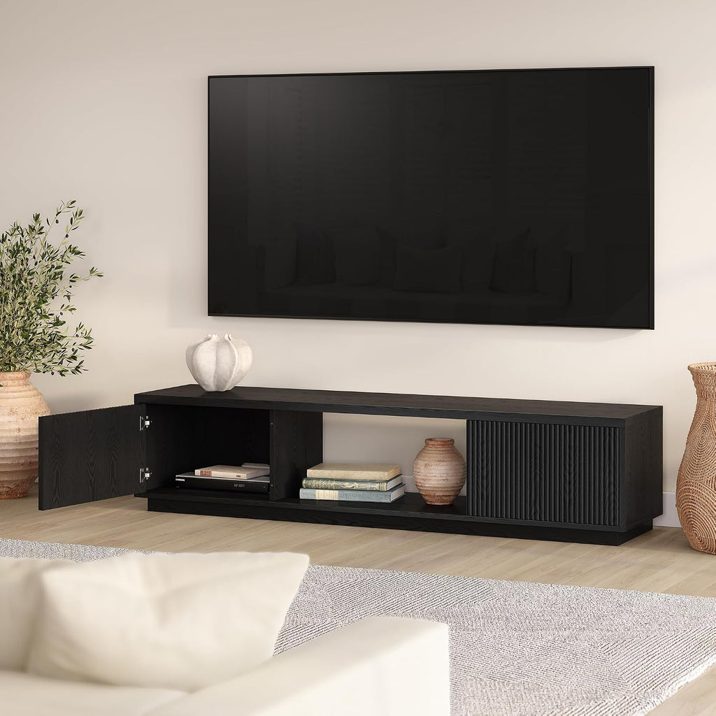 Henn&Hart Fluted TV Stand for TVs up to 78' with 2 Ribbed Side Storage Cabinets and Open Center Storage for Living Room, Family Room, or Office, Natural Black