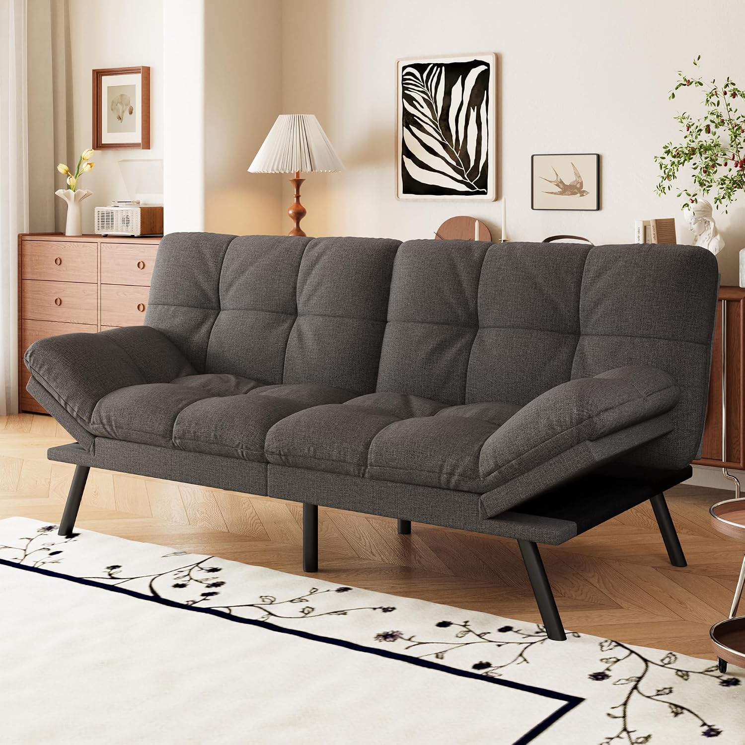 Convertible Futon Sofa Bed,71' Memory Foam Futon Couch,Detachable Cushion,Adjustable Backrest & Armrest,Linen Modern Loveseat Sleeper Recliner for Living Room,Office,Apartment,Retro Grey