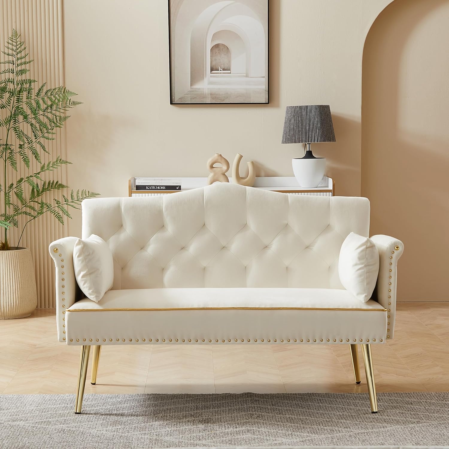 hansones 55-Inch Modern Velvet Loveseat Sofa with Gold Metal Legs & Side Pockets, Tufted Backrest, Perfect for Living Room, Bedroom, or Office (Modern Beige)
