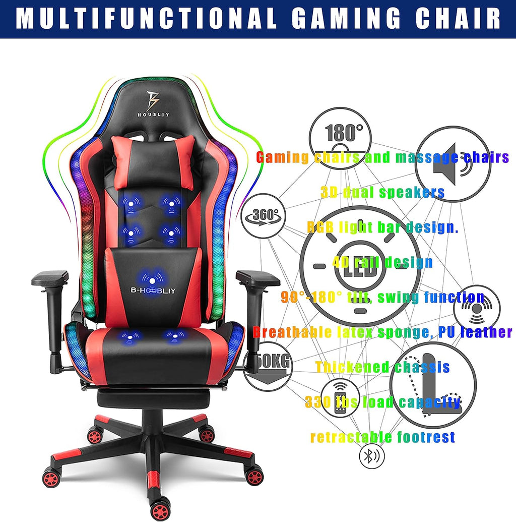 Gaming Chair with Massage and Speakers,Ergonomic Video Gaming Chair with Footrest and Lumbar Support,RGB Racing Gaming Chair, Computer Chair for Adults and Teens, 400lb.,Red