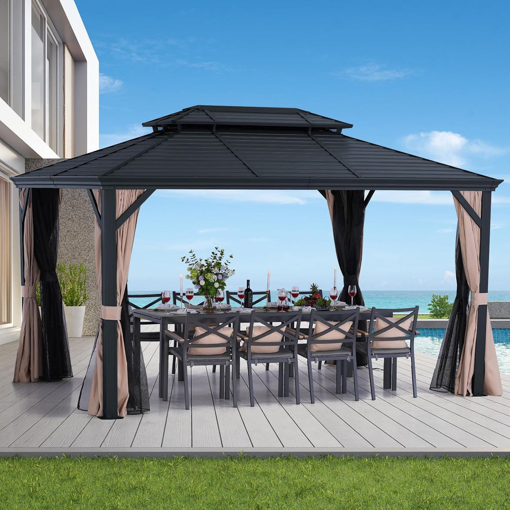 LeDoasis Nova 10' X 13' Hardtop Gazebo with Netting and Curtains, Double Galvanized Steel Outdoor Gazebo, Aluminum Frame Canopy for Garden,Patio,Lawns,Parties