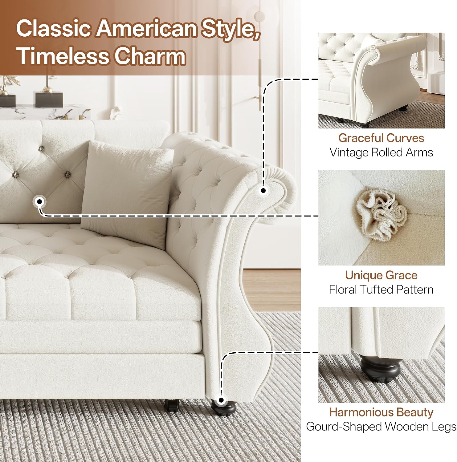 83.8'' Sleeper Sofa Bed Queen Size, Velvet Chesterfield Pull Out Couch, Flower Tufting Convertible Sofa, Comfy Loveseat, Modern Futon Couches, 2 Pillows for Living Room, Apartment, Beige