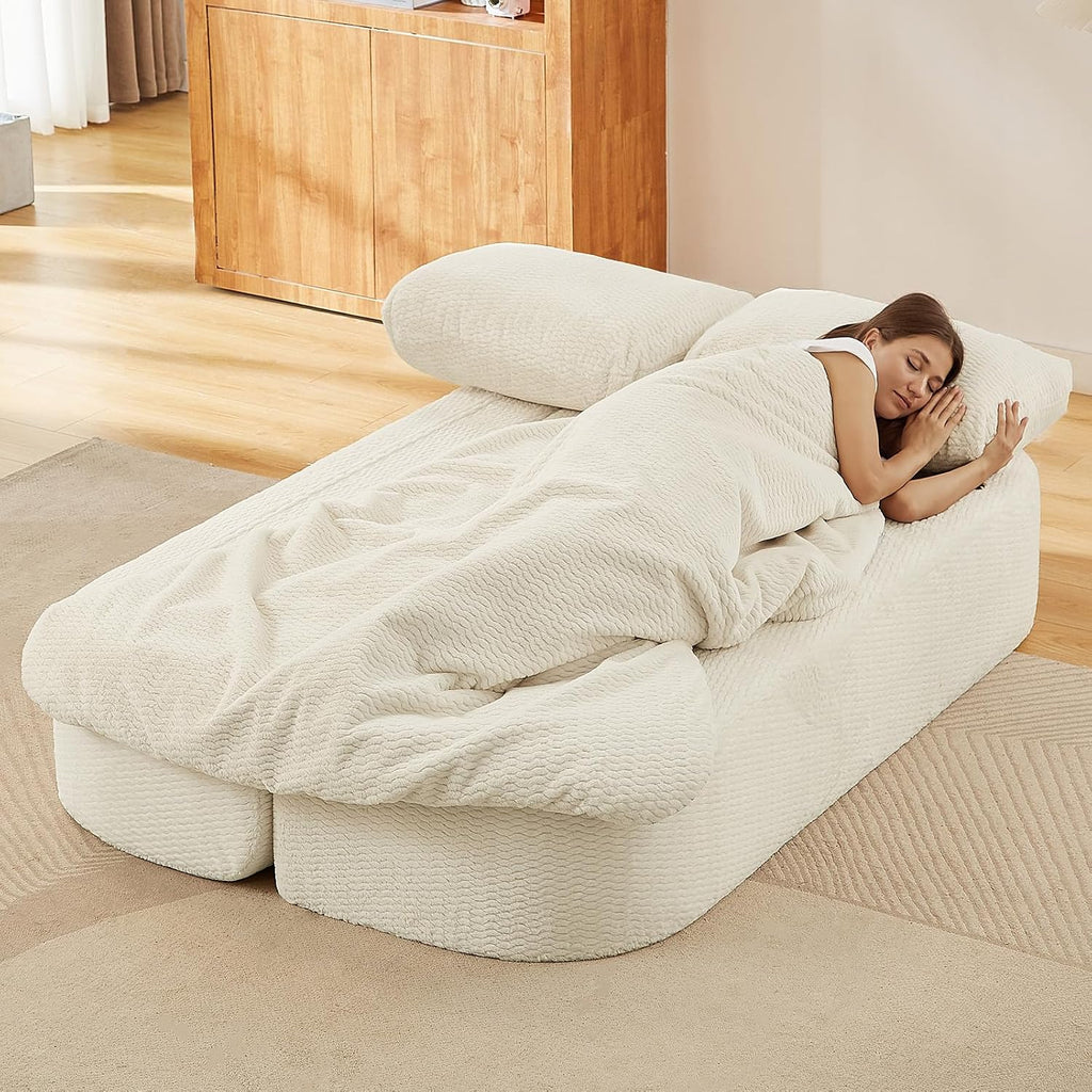 Futon Sofa Bed with Blanket, Convertible Folding Boneless Compressed Faux Fur Memory Foam Floor Loveseat Sleeper Sofa Couch Full Size Bed with Pillows for Guest Room Living Room Small Space, Beige