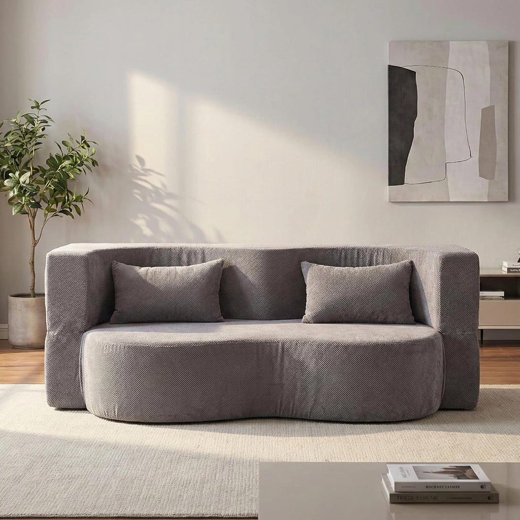 2-in-1 Convertible Sofa,78 Inch Pull Out Sofa Folding Sofa Bed with 2 Pilow Lazy Sofa, Corduroy Loveseat Sleeper Floor Sofa for Apartment Children's Room Bedroom Living Room, Grey | Pull Out Sofa Bed, Folding, 2 Pillows, Teddy Loveseat, Floor Sofa