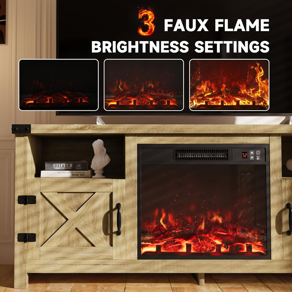 Furmax Entertainment Center with Fireplace, Fireplace TV Stand with Storage Cabinets and 2 Open Shelves, Modern Media TV Console for Living Room (Light Oak)