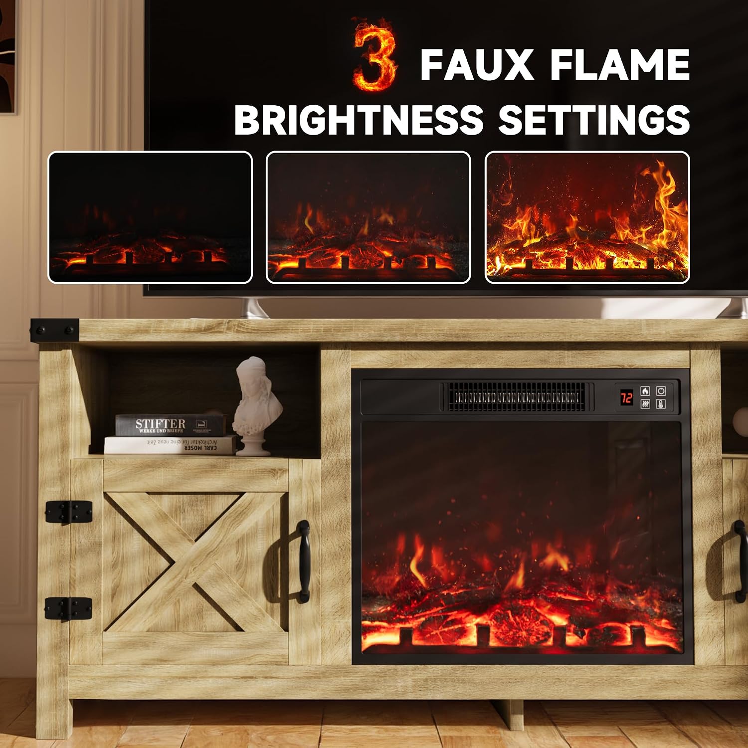 Furmax Entertainment Center with Fireplace, Fireplace TV Stand with Storage Cabinets and 2 Open Shelves, Modern Media TV Console for Living Room (Light Oak)