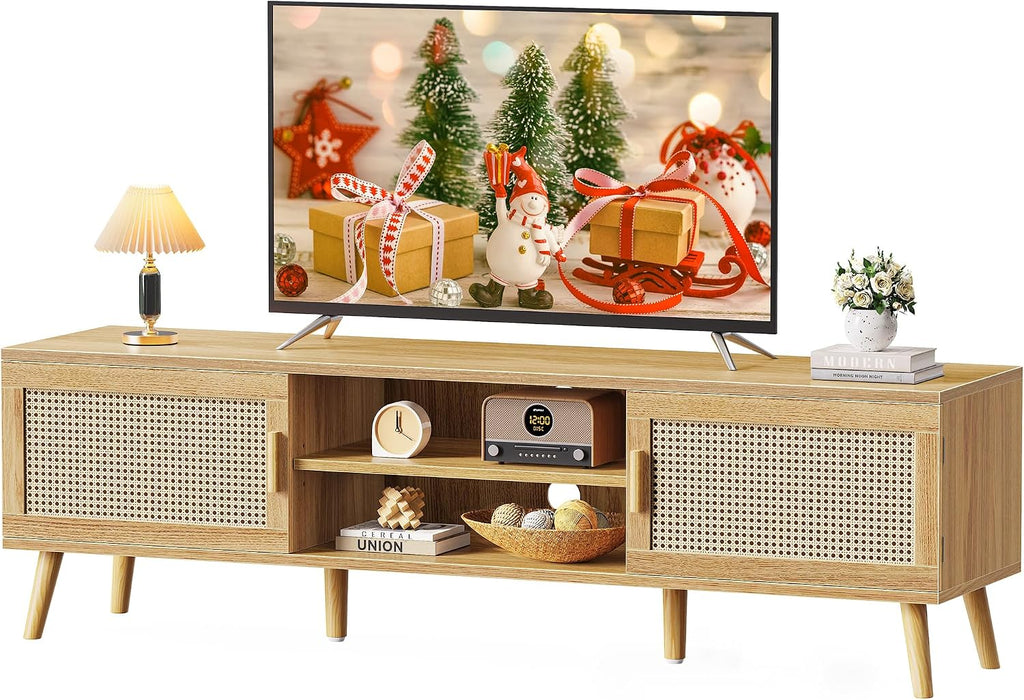 SUPERJARE Boho TV Stand for 75 Inch TV, Entertainment Center with Adjustable Shelf, Rattan TV Console with 2 Cabinets, Media Console, Solid Wood Feet, 4 Cord Holes, for Living Room - Natural
