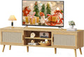 SUPERJARE Boho TV Stand for 75 Inch TV, Entertainment Center with Adjustable Shelf, Rattan TV Console with 2 Cabinets, Media Console, Solid Wood Feet, 4 Cord Holes, for Living Room - Natural