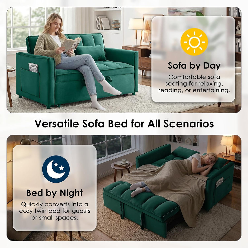3 in 1 Convertible Sleeper Sofa Bed, 55' Pull Out Couches, Modern Loveseat Sleeper Sofa with Adjustable Reclining Backrest & Side Pockets for Living Room, Velvet Fabric, Green