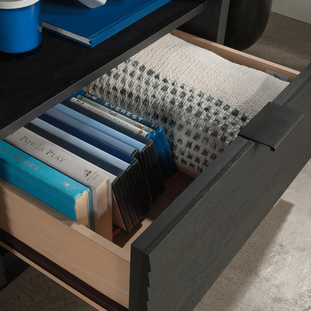 Sauder Harvey Park Modern TV Stand Media Console Credenza with Drawers and Storage Shelves, in Raven Oak