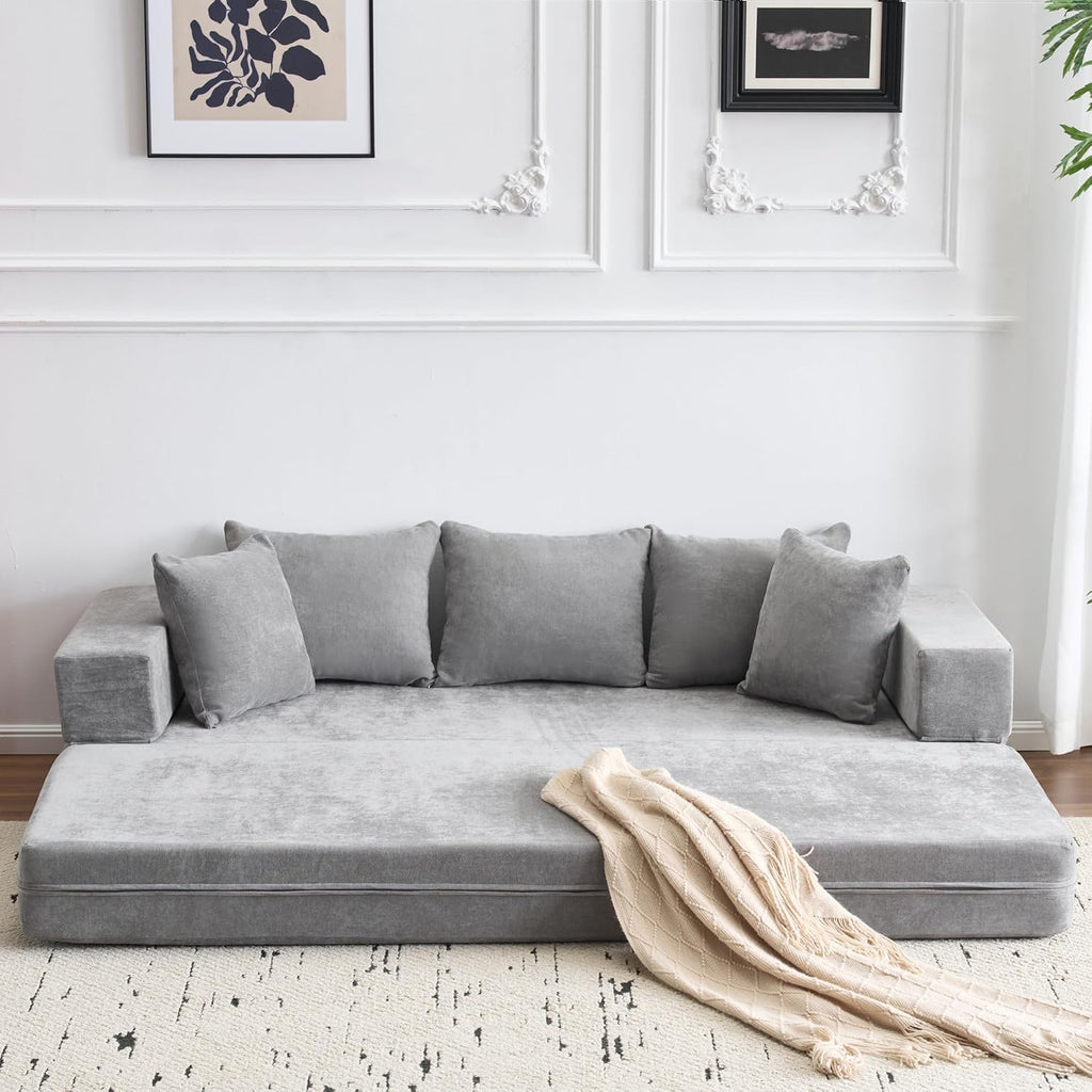 MELLCOM 79' Convertible Folding Sofa Bed Queen, Sleeper Sofa Couch with Armrest and Pillows, Chenille Fold Out Floor Chaise Lounge, Comfy Foldable Futon Mattress for Living Room, Bedroom (Grey 7.87')