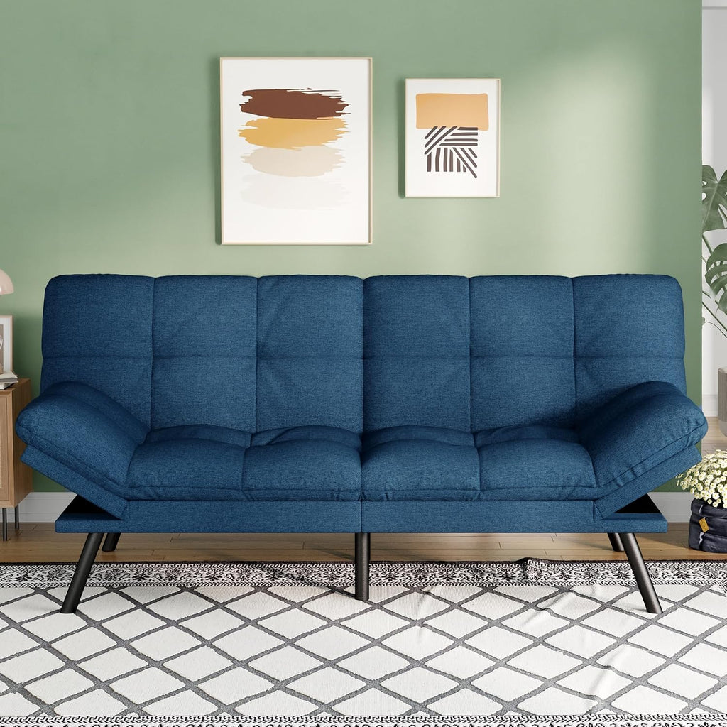 Opoiar Convertible Futon Sofa Bed,71' Memory Foam Futon Couch,Detachable Cushion,Adjustable Backrest & Armrest,Linen Modern Loveseat Sleeper Recliner for Living Room,Office,Apartment,Retro Blue