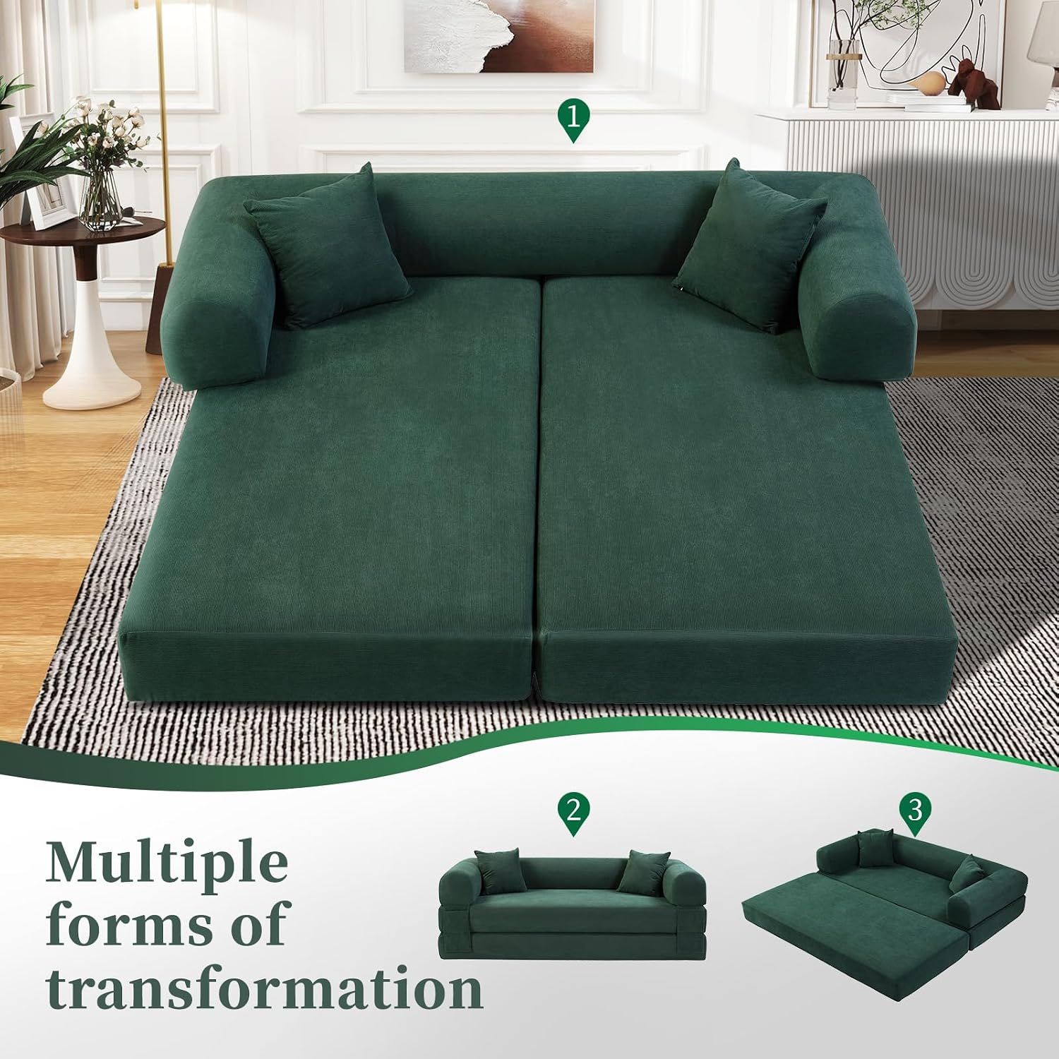 KBQ 3-Seat Convertible Sleeper Sofa Bed with 2 Pillows, Corduroy Folding Mattress Couch, Floor Sofa Lounge Couch for Living Room Bedroom Lounge Studio, Deep Green