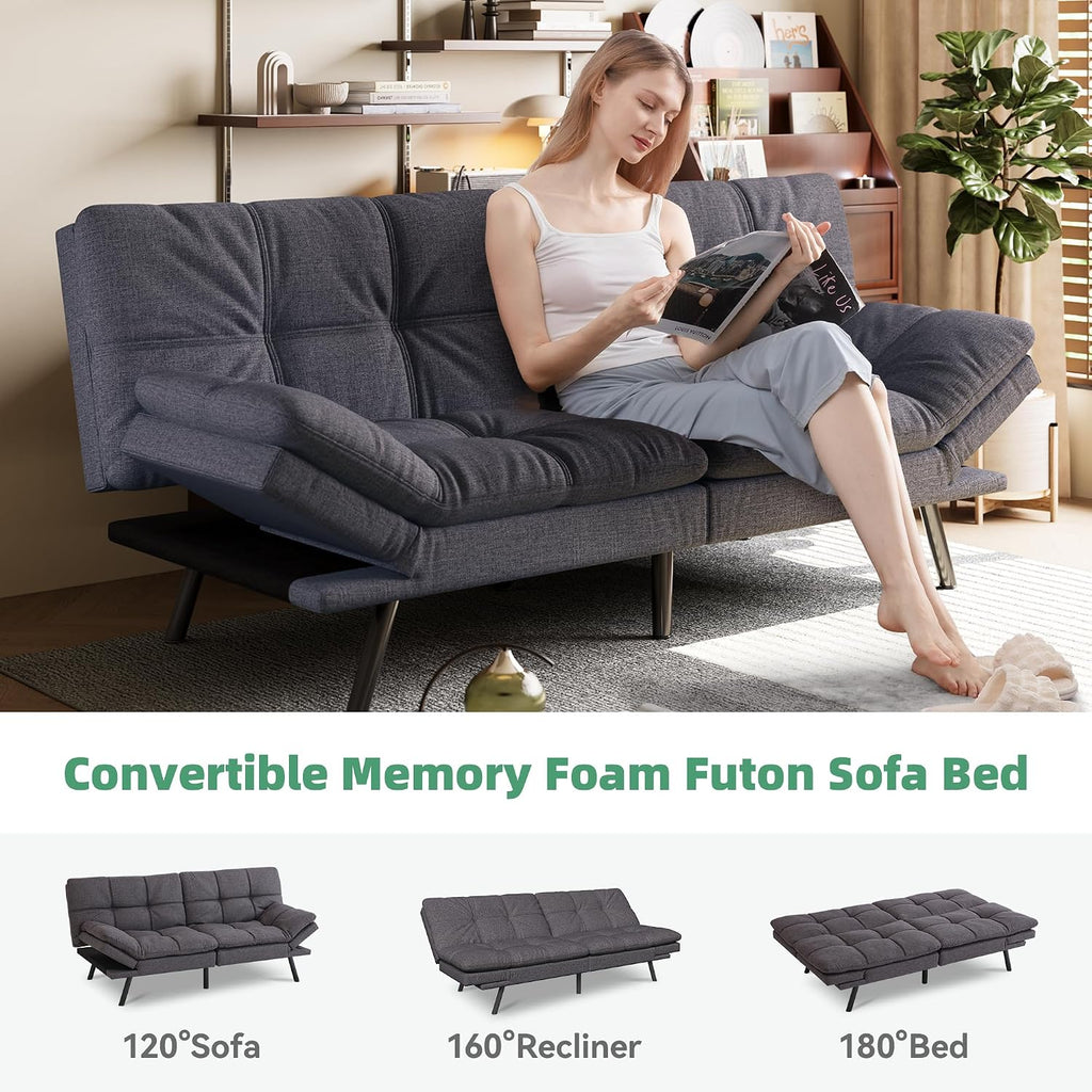 Opoiar Convertible Futon Sofa Bed,Linen Fabric Futon Couch,Sofa & Couch Soft Cushions Love Seat Daybed for Studio, Apartment, Office, Small Space, Compact Living Room,Grey