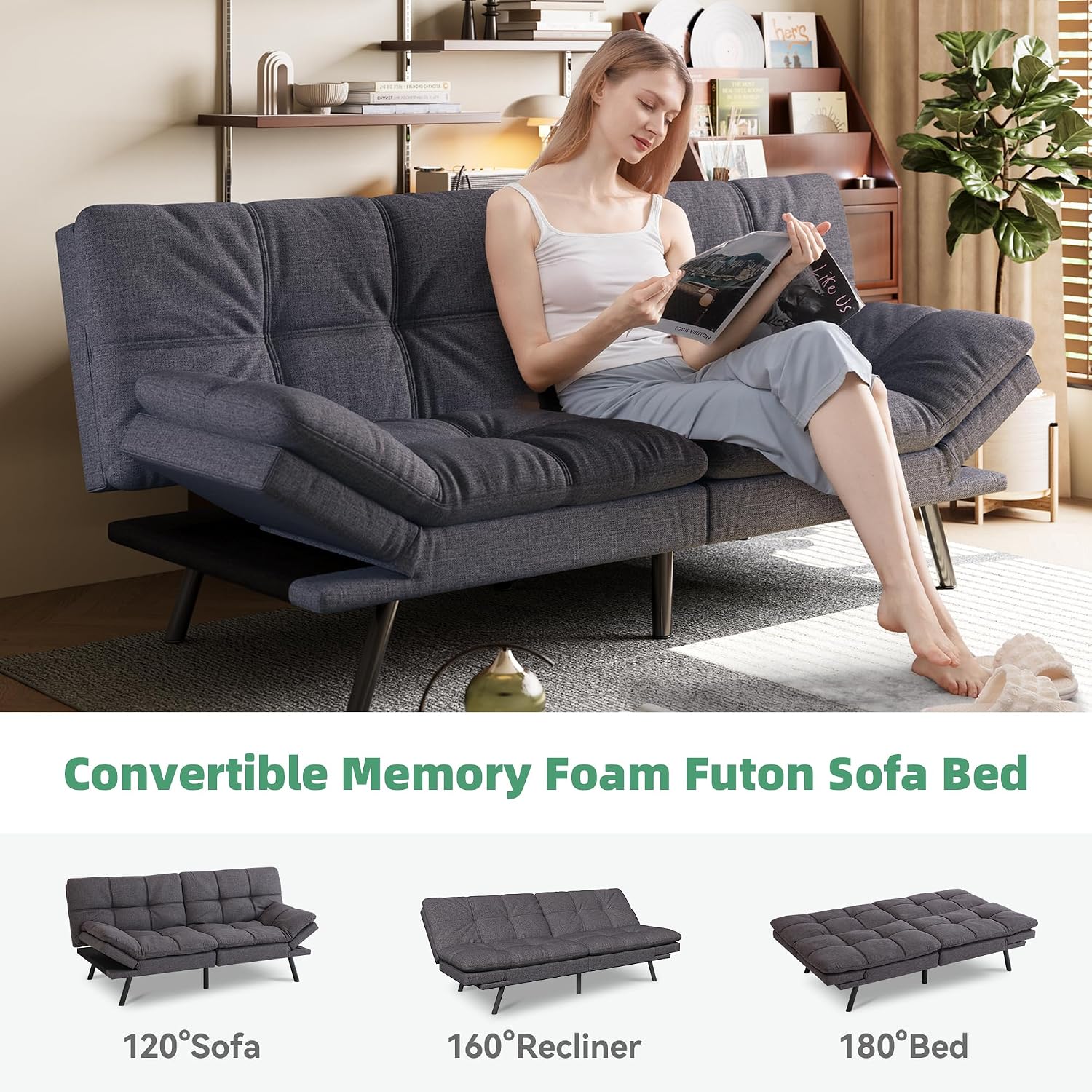 Opoiar Convertible Futon Sofa Bed,Linen Fabric Futon Couch,Sofa & Couch Soft Cushions Love Seat Daybed for Studio, Apartment, Office, Small Space, Compact Living Room,Grey