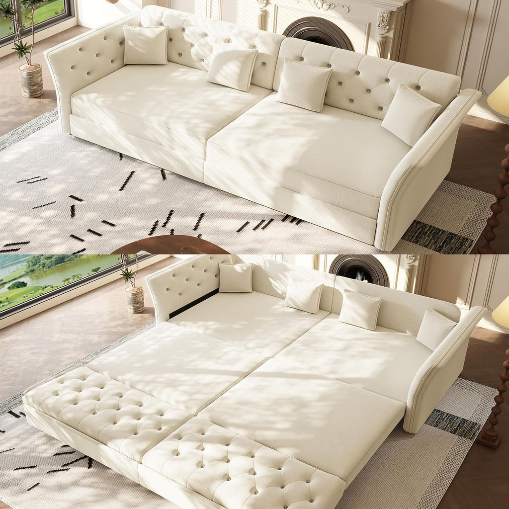 100'' Sleeper Sofa Bed California King Size, Flower Tufted Pull Out Couch, Chesterfield Velvet Futon Couches, Comfy Convertible Modern 4 seat Sofa, 4 Pillows for Living Room, Apartment, Beige