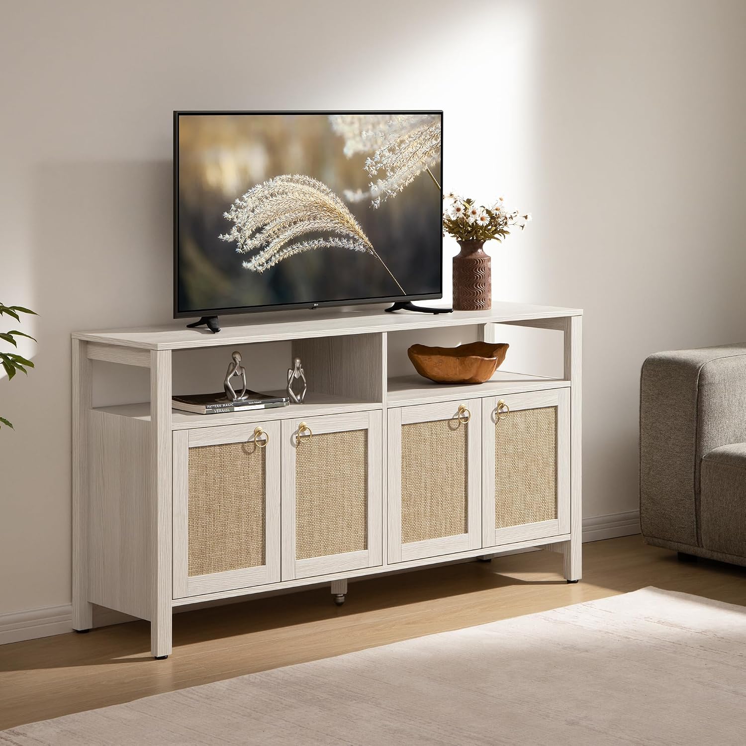SICOTAS Rattan TV Stand for Television up to 120' - Large Entertainment Center with Storage and Open Shelves, Boho Media TV Console Cabinet with Doors and Adjustable Shelf for Living Room