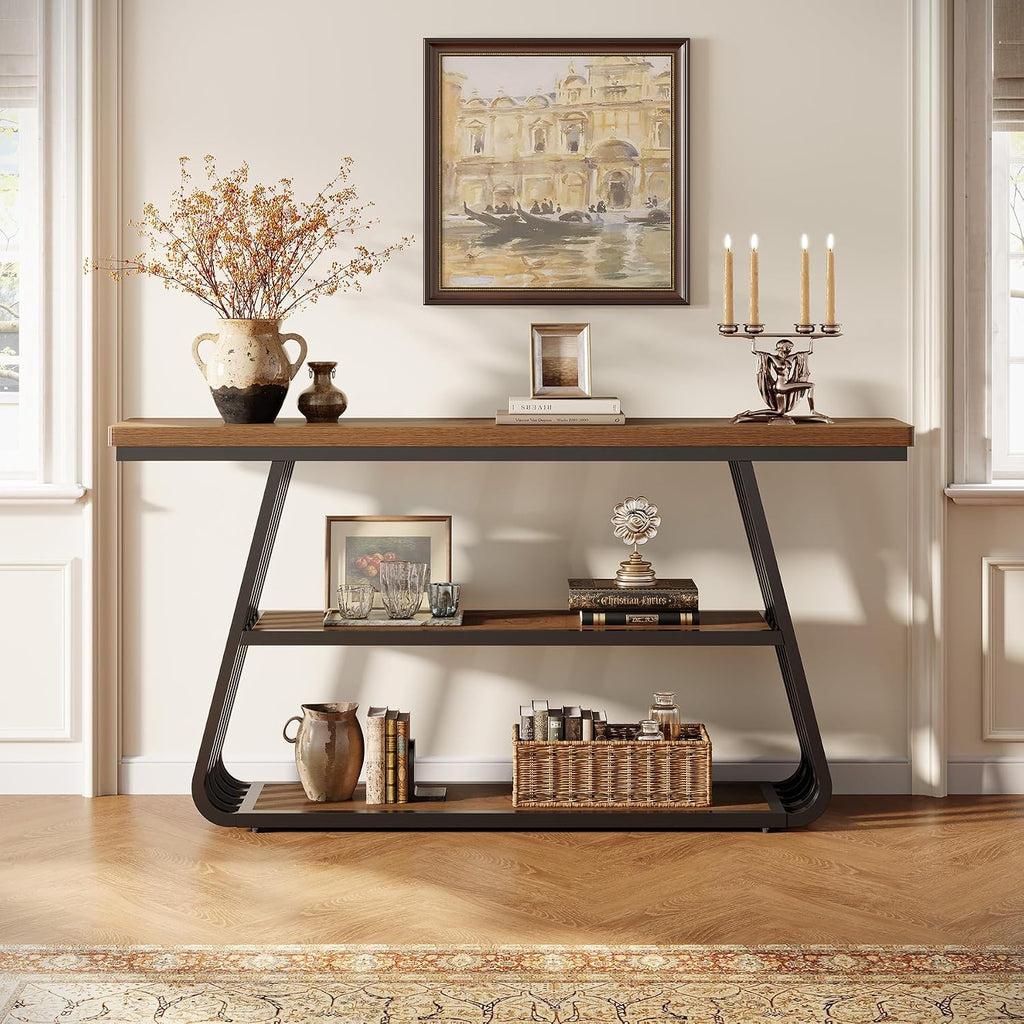 Tribesigns 55' Entryway Table with Shelves, 3-Tier Console Table Sofa Table with Iron Frame, Wooden Entry Table for Living Room, Foyer, Hallway, Industrial Style