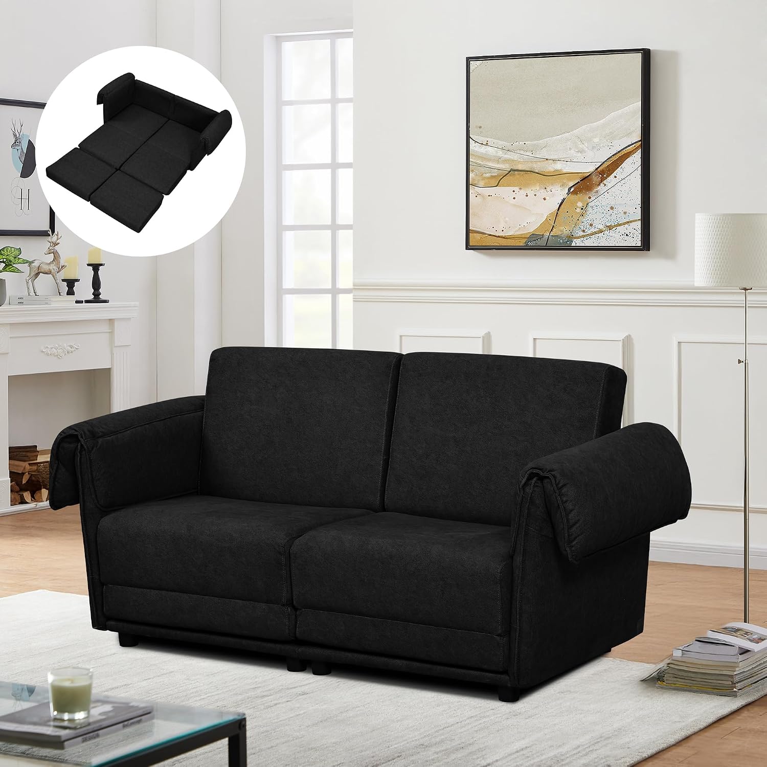 FHFO 65' Loveseat Sleeper Couch for Small Spaces, 3 in 1 Pull Out Sofa Bed Convertible Sleeper Sofa Comfy Sofabed for Living Room, Bedroom, Apartment, Black