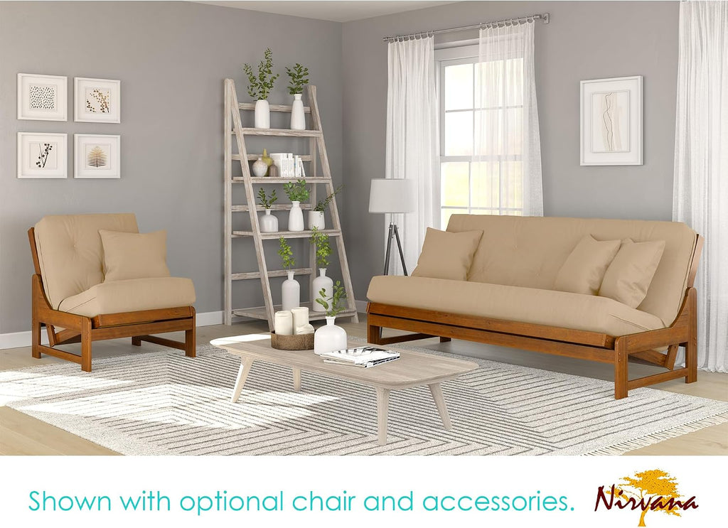 Nirvana Futons Arden Futon Set - Queen Size, Frame, 8' Mattress, Microfiber Sussex Khaki Cover