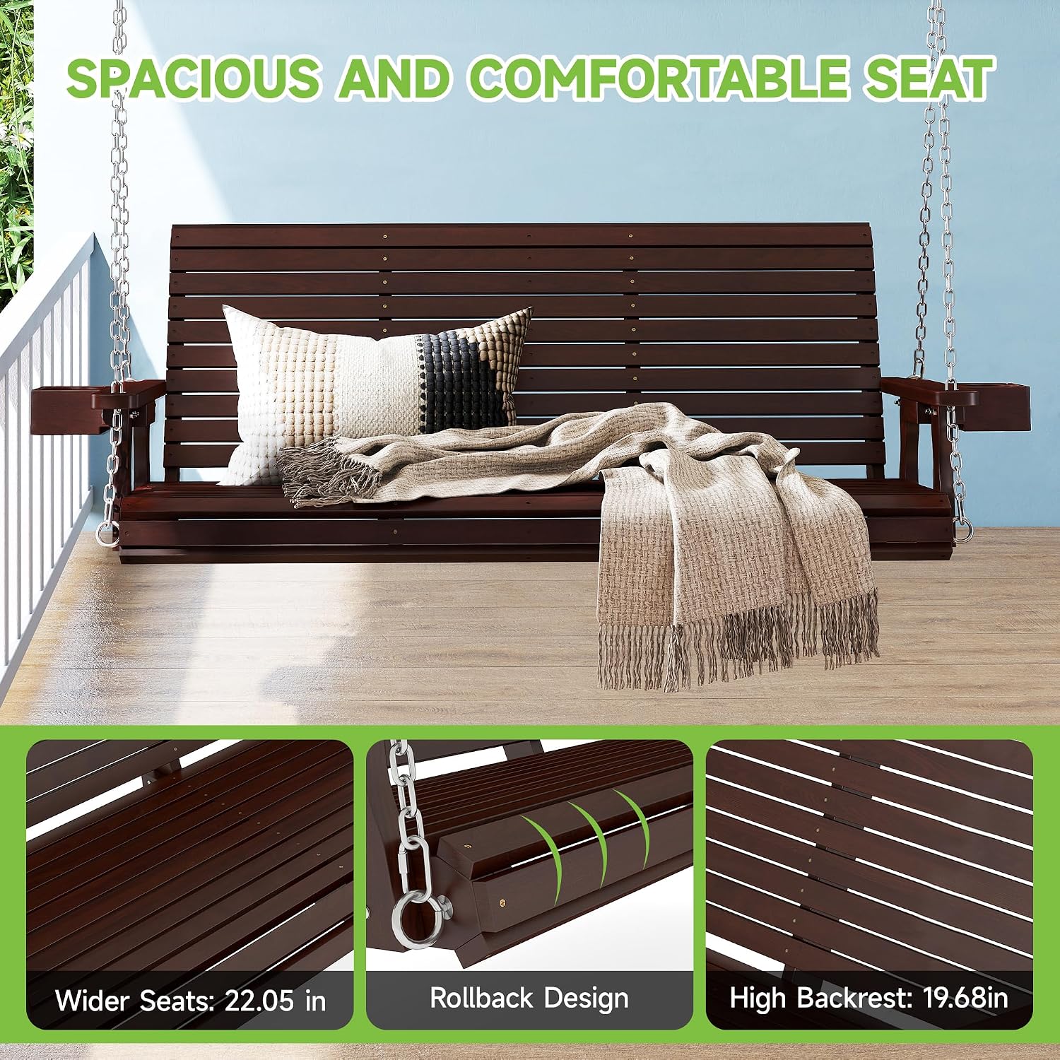 Real Relax Front Porch Swing, Wooden 3 Person Outdoor Hanging Patio Swing Chair with Cup Holders, Upgraded 22' Deep Seat Bench, Heavy Duty 880 Lbs for Courtyard, Garden, Backyard 5 Ft (Brown)