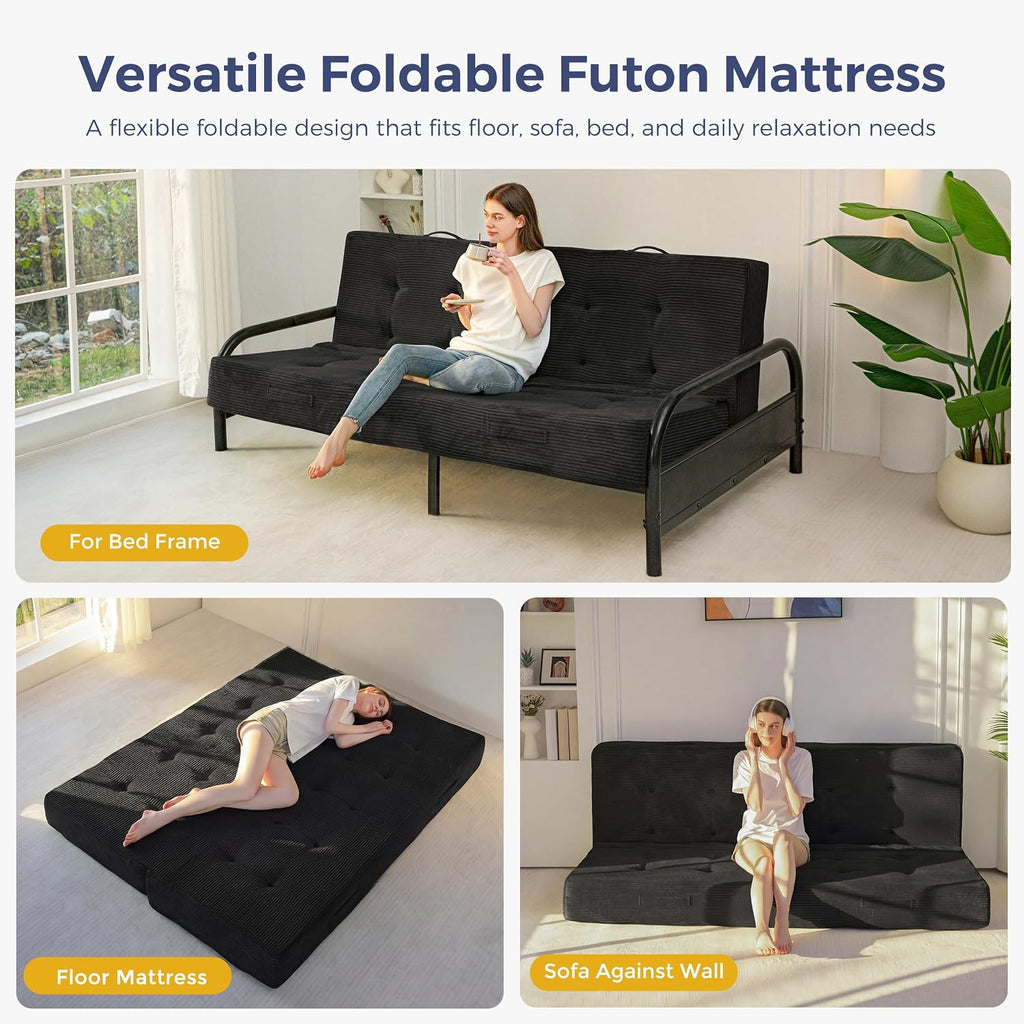 MAXYOYO 8' Foldable Floor Sofa Bed, Tufted Foldable Couch Bed Thick Folding Mattress with Handles, Versatile Folding Sofa Couch for Floor Sleeping, Living Room & Guest Room, Black