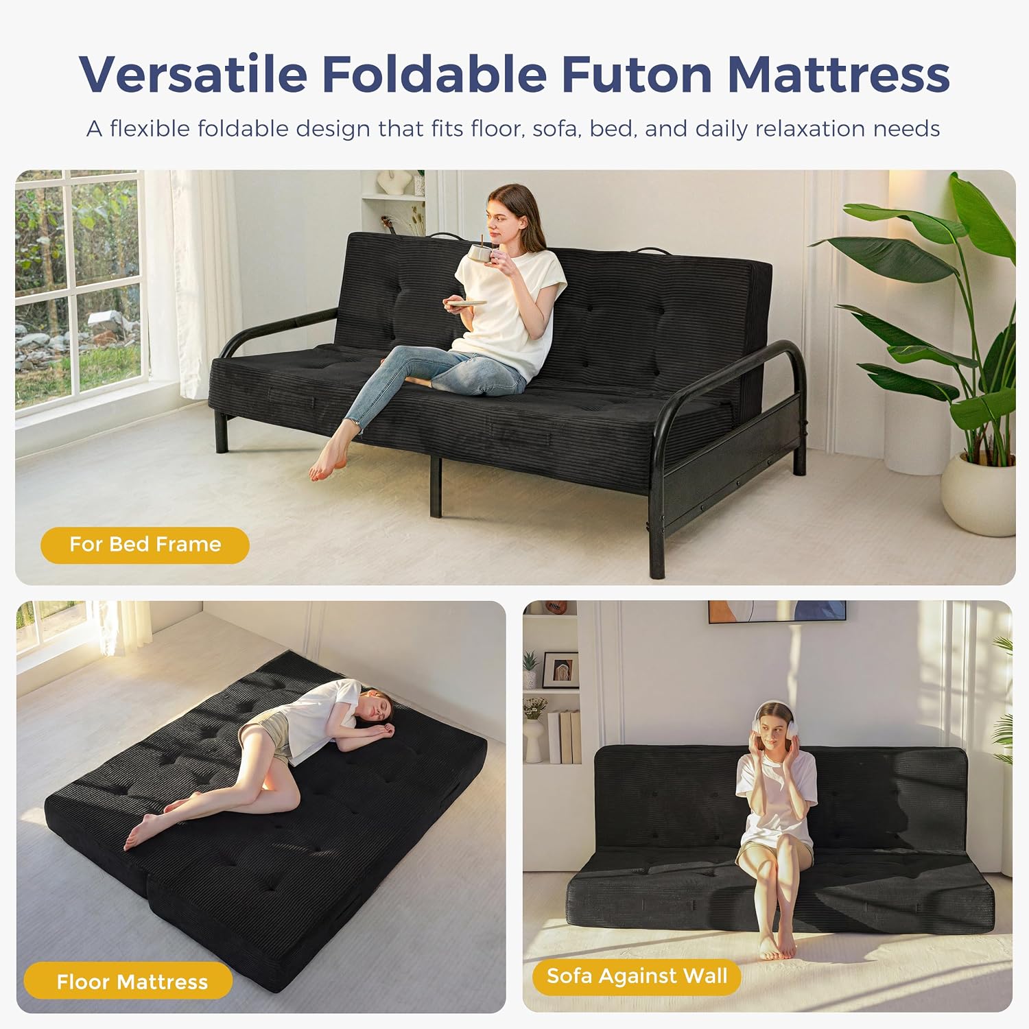 MAXYOYO 8' Foldable Floor Sofa Bed, Tufted Foldable Couch Bed Thick Folding Mattress with Handles, Versatile Folding Sofa Couch for Floor Sleeping, Living Room & Guest Room, Black