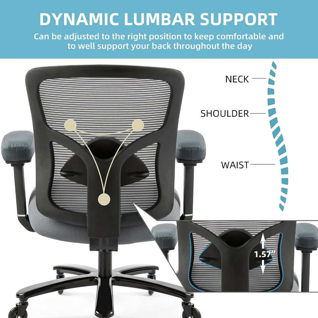 500LBS Big and Tall Office Chair with 4D Armrests & Adjustable Backrest, Heavy Duty Office Chair for Heavy People, Memory Foam Seat Filling Springs, Grey