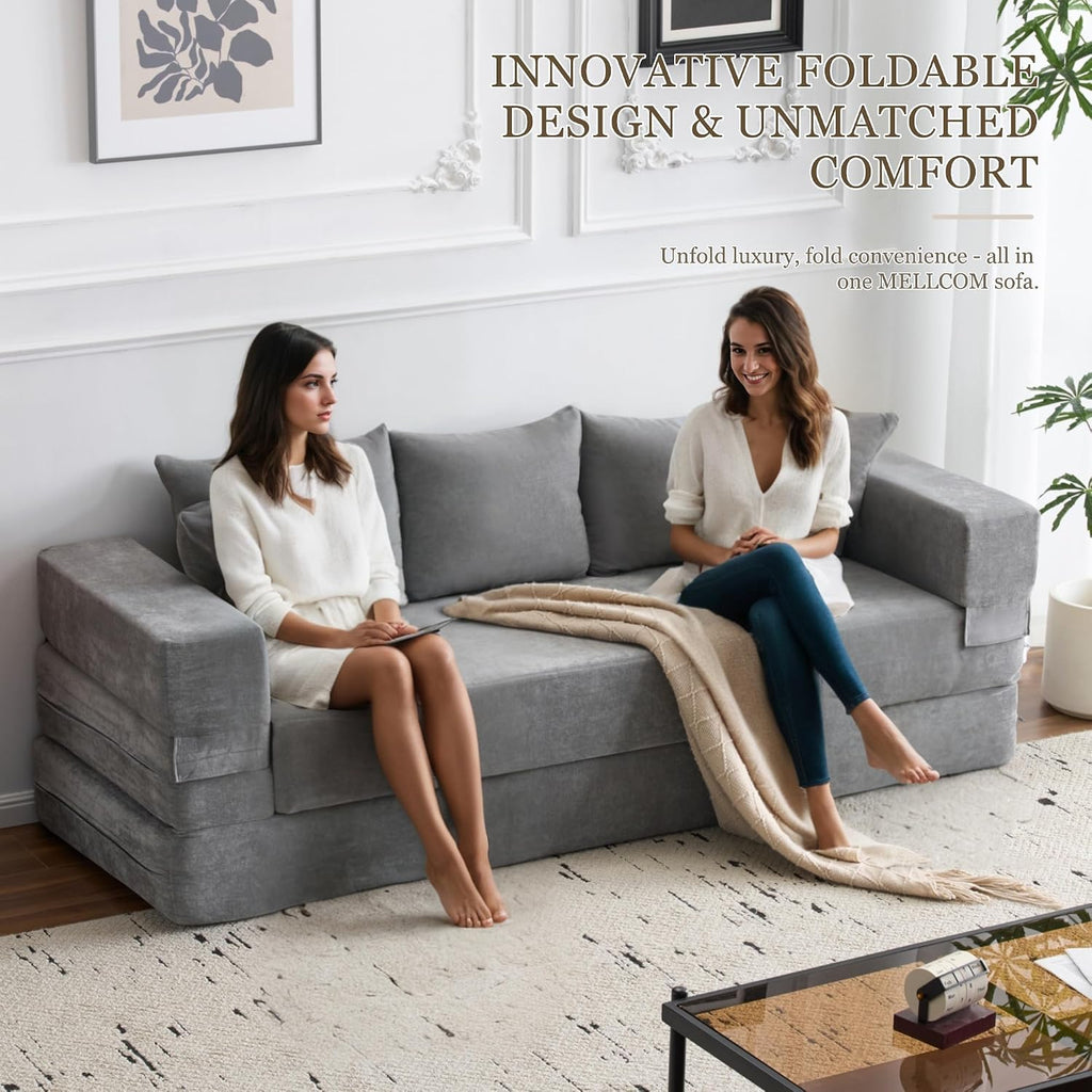 MELLCOM 79' Convertible Folding Sofa Bed Queen, Sleeper Sofa Couch with Armrest and Pillows, Chenille Fold Out Floor Chaise Lounge, Comfy Foldable Futon Mattress for Living Room, Bedroom (Grey 7.87')