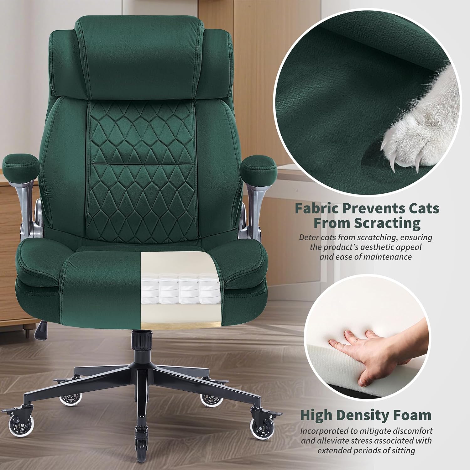 Office Chair with Locking Wheels, Ergonomic High Back Fabric Desk Chair with Adjustable Lumbar Support, Flip-Up Arms, Thick Padded Seat, 400lbs Heavy Duty for Home Office Adults