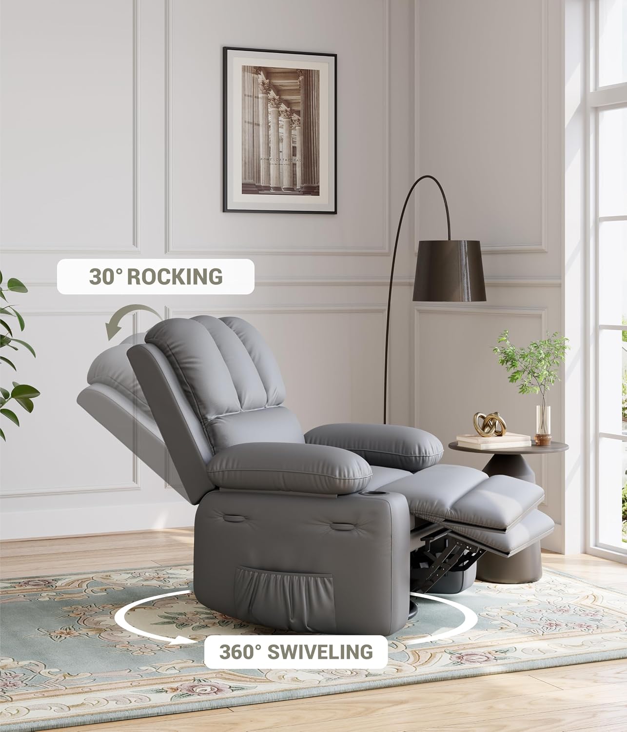 GarveeHome Oversized Recliner Chairs with 1.5X Sponge Filling, 360° Swivel Lazy Recliner Chair for Adults, Manual Rocking Chair with Cup Holder for Living Rooms, Bedrooms, and Nurseries