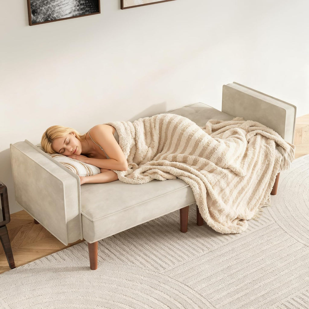 Furnify 71' Velvet Futon Sofa Bed, Versatile Loveseat Couch, Sleeper Sofa with Adjustable Backrest, Mid Century Modern Futon Couch for Small Space, Living Room, Office & Apartment, Velvet Fabric Beige