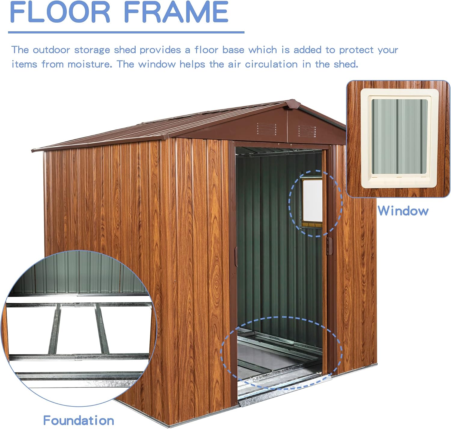 6x6 FT Outdoor Storage Shed, Metal Garden Shed with Frame Floor, Outside Tool Shed with Window, Waterproof Storage Building with Lockable Sliding Doors & Sloped Roof for Backyard, Patio, Coffee