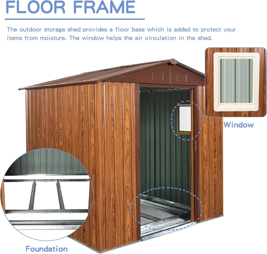 6 x 6 Ft Outdoor Metal Storage Shed with Woodgrain & Side Window, Accent Garden Shed w/Air Vents, Floor Base and Lockable Sliding Doors, Utility Tool Storage House for Backyard Lawn,Brown