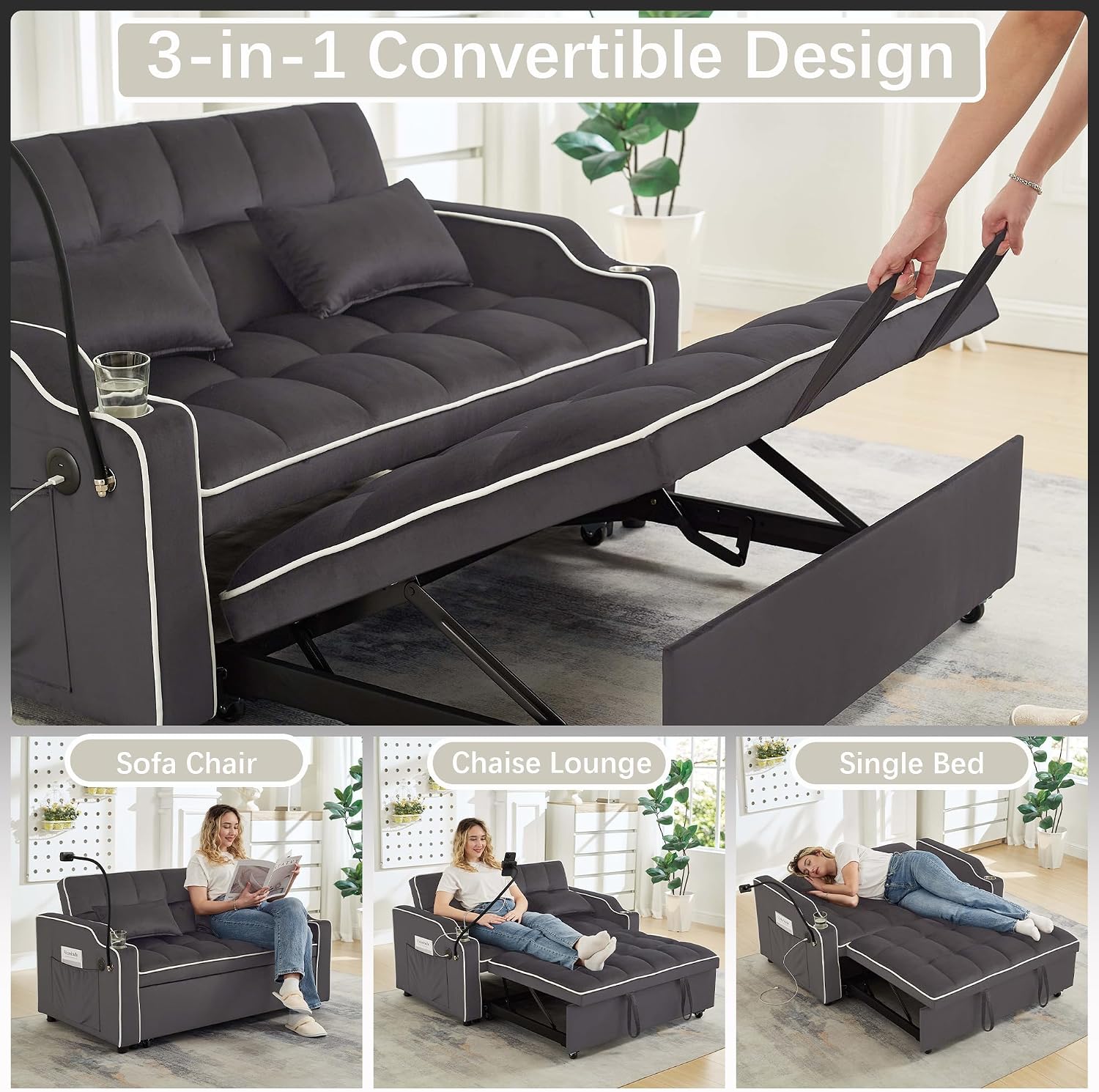 Loveseat Sofa Bed with USB Ports, Phone Holder & Cup Holders | Convertible Futon Couch for Small Spaces, Pull-Out Sleeper Sofa for Living Room & Apartments (Grey)