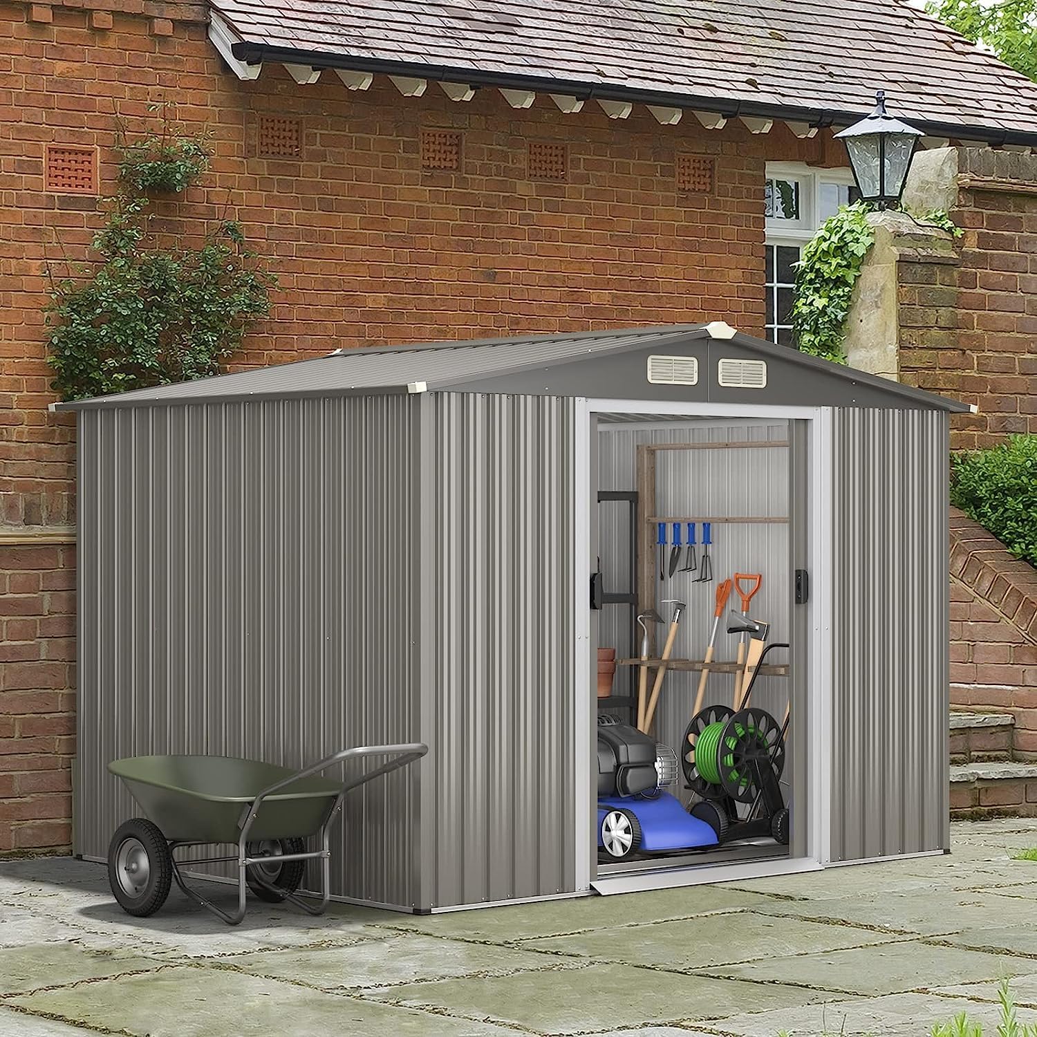 Goplus 8.5' x 6.8' x 6' Outdoor Storage Shed, Weather-Resistant Utility Storage House w/Foundation, 4 Air Vents, Double Doors & Ramp, Galvanized Steel Tool Shed for Garden, Lawn, Patio, Yard