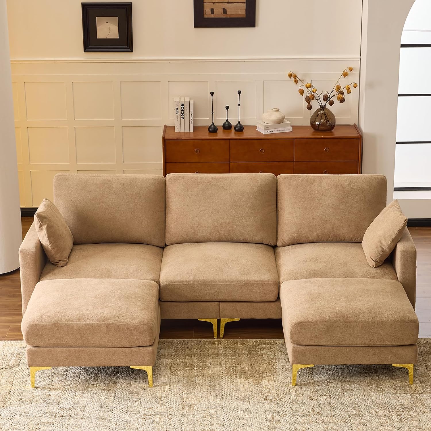 VINGLI 100' W U Shaped Couch with Ottoman, 22' Deep Seat Comfortable Sectional Couches for Living Room, 3 Seater Chenille Fabric Cloud Sofa for Apartment, Small Spaces, Bedroom, Khaki