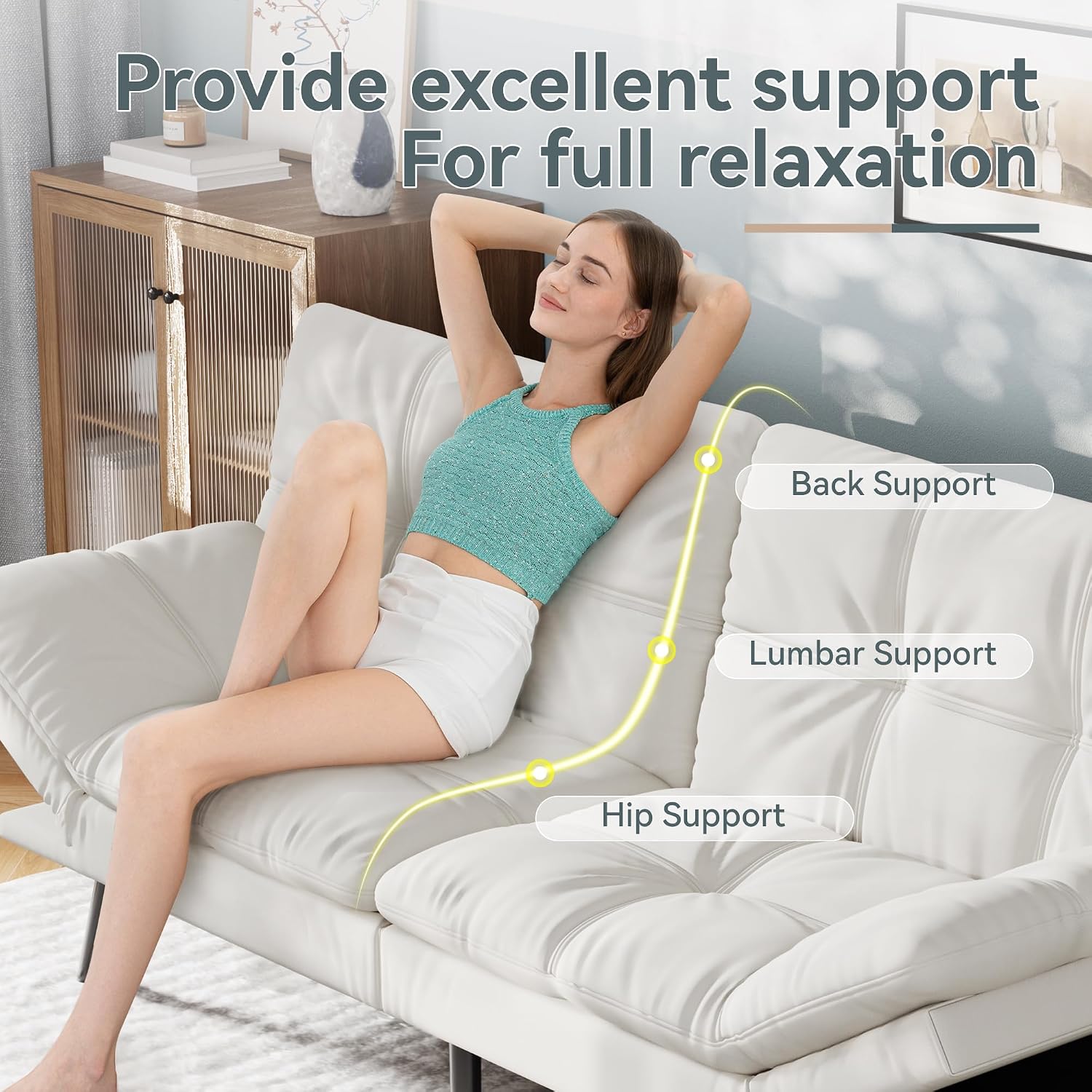Vyfipt Convertible Futon Sofa Bed, White Faux Leather Futon Couch with Adjustable Backrest & Armrests, Folding Small Recliner Sleeper Sofa Bed for Living Room, Apartment, Office