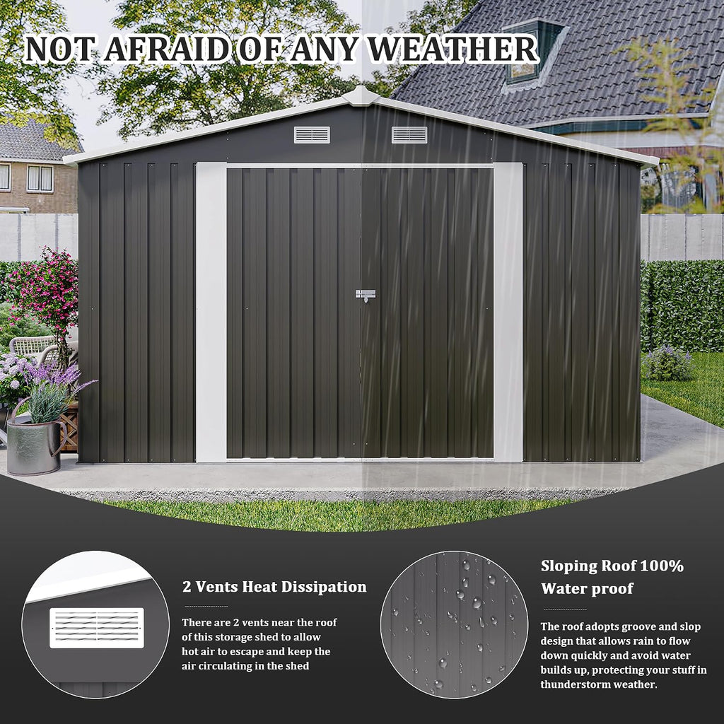 10x14 FT Outdoor Metal Storage Shed with Lockable Door, Steel Garden Utility Shed with Vents, Backyard Patio Tool Shed for Lawn Equipment, Bike, Firewood and Mower Storage, Gray