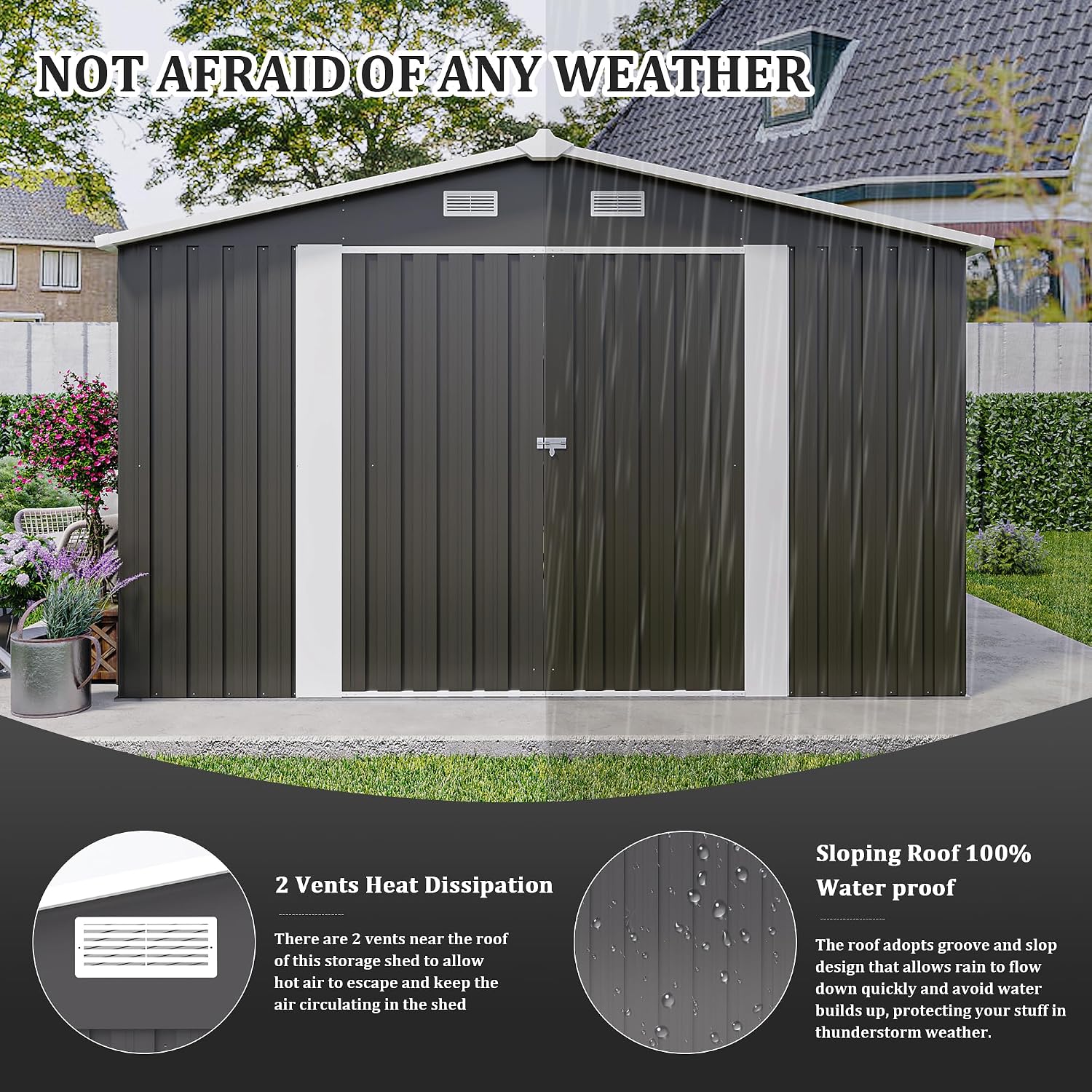 10x14 FT Outdoor Metal Storage Shed with Lockable Door, Steel Garden Utility Shed with Vents, Backyard Patio Tool Shed for Lawn Equipment, Bike, Firewood and Mower Storage, Gray
