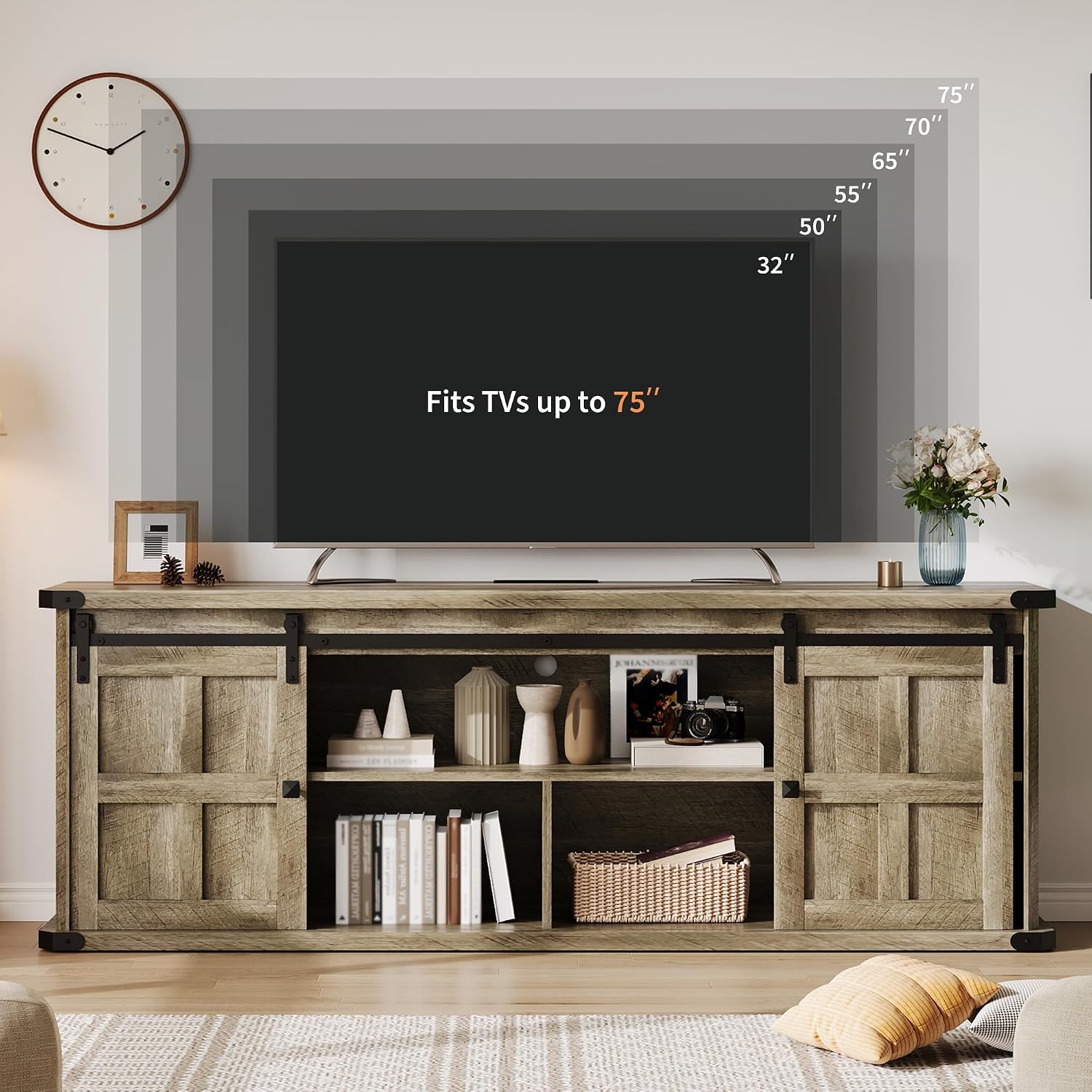 Garvee 70 in TV Stand for 75 in TVs, Farmhouse Entertainment Center and Media Furniture with Sliding Barn Doors & Storage Cabinets, Mid Century Modern TV Console Table for Living Room Bedroom