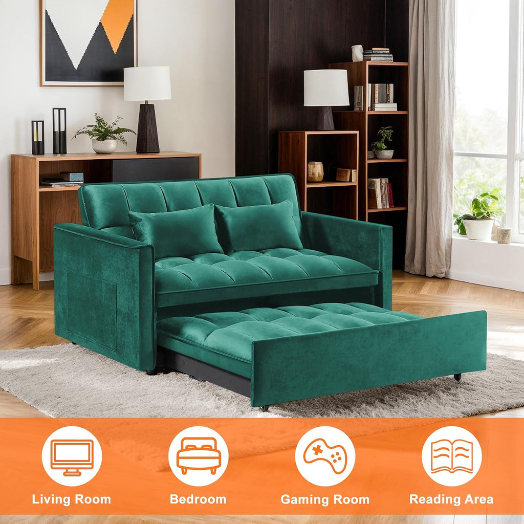3 in 1 Convertible Sleeper Sofa Bed,Futon Pull Out Couch with Adjustable Backrest,Velvet Fabric Loveseat Sofa with Side Pocket for Bedroom, Living Room