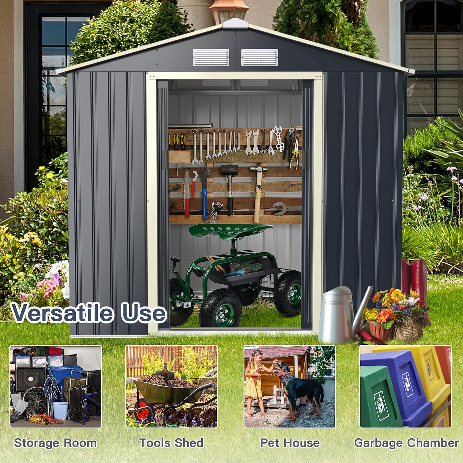 Giantex Outdoor Storage Shed with Double Sliding Door, Galvanized Metal Garden Storage Room, Front and Back Vent, Weather Resistant Tool Storage Shed for Backyard, Patio, Lawn (7 x 4 FT)
