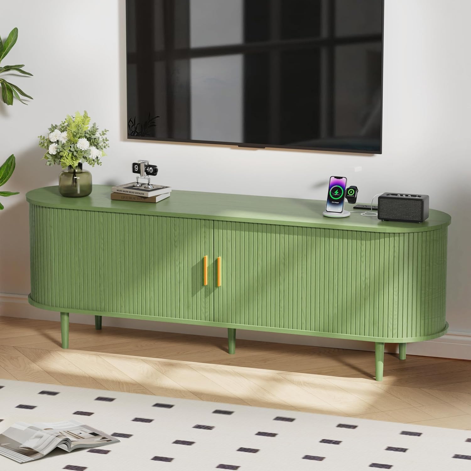 DHH 63 Inch Mid Century Modern TV Stand with Power Outlet for TVs up to 70 Inch, Entertainment Center with Storage and Adjustable Shelves, Media Console with Sliding Doors for Living Room(Green)